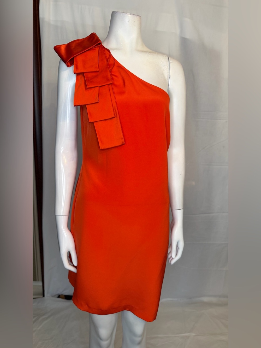 JAYGODFREY One-Shoulder Orange Cocktail Dress with Tiered Shoulder Bow